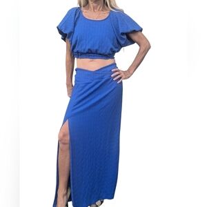 Free People Electric Blue Two Piece Set Crop Top Maxi Skirt Slit Boho L
